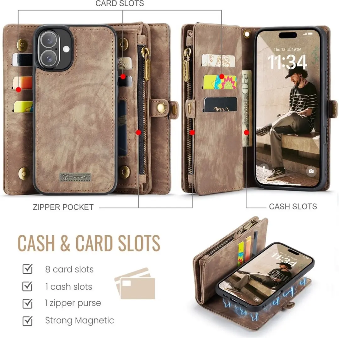 Caseme iPhone 16 Plus Hoesje Vintage 2-in-1 Portemonnee - 8 Pasjes - Bruin