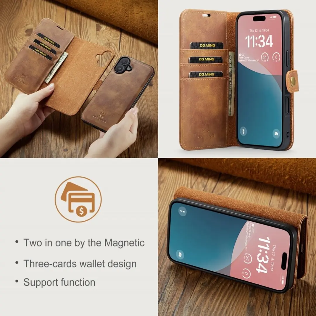 DG.MING iPhone 16 Hoesje 2-in-1 Book Case - Bruin - afbeelding 6 van 6