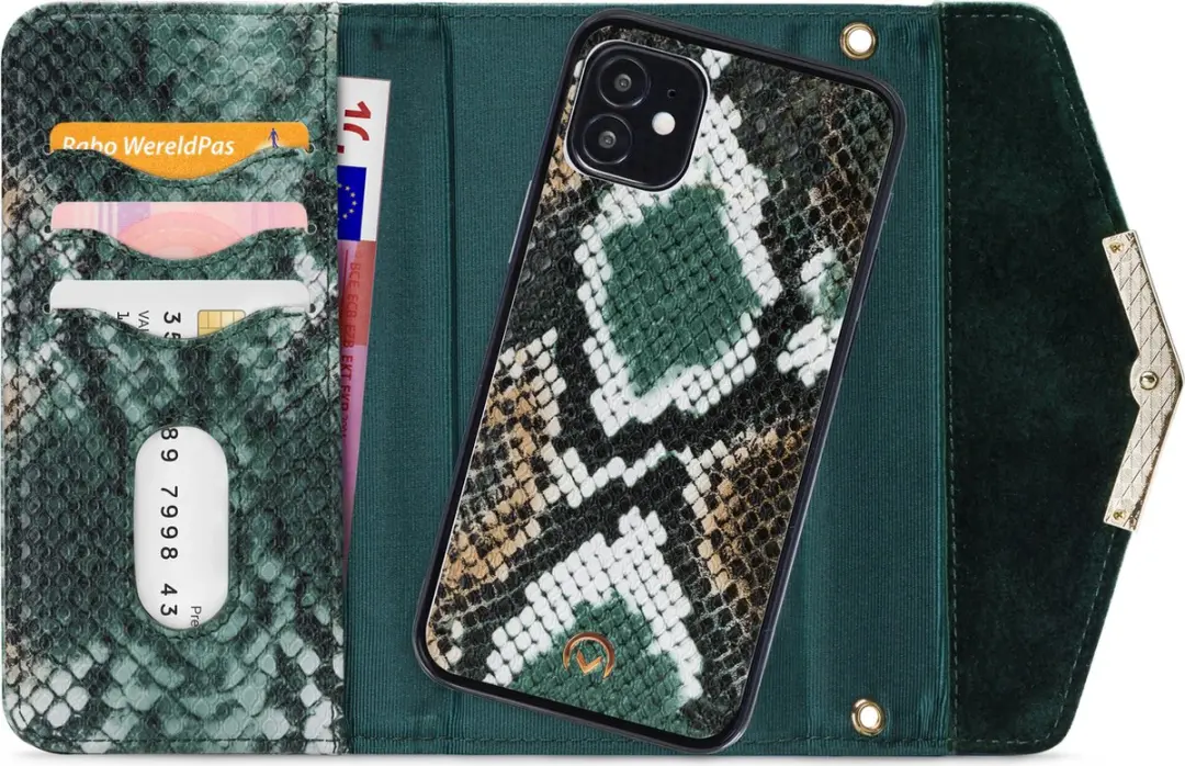 Mobilize iPhone 12 Mini Clutch Case - Slangenprint Donkergroen - 4 Pasjes