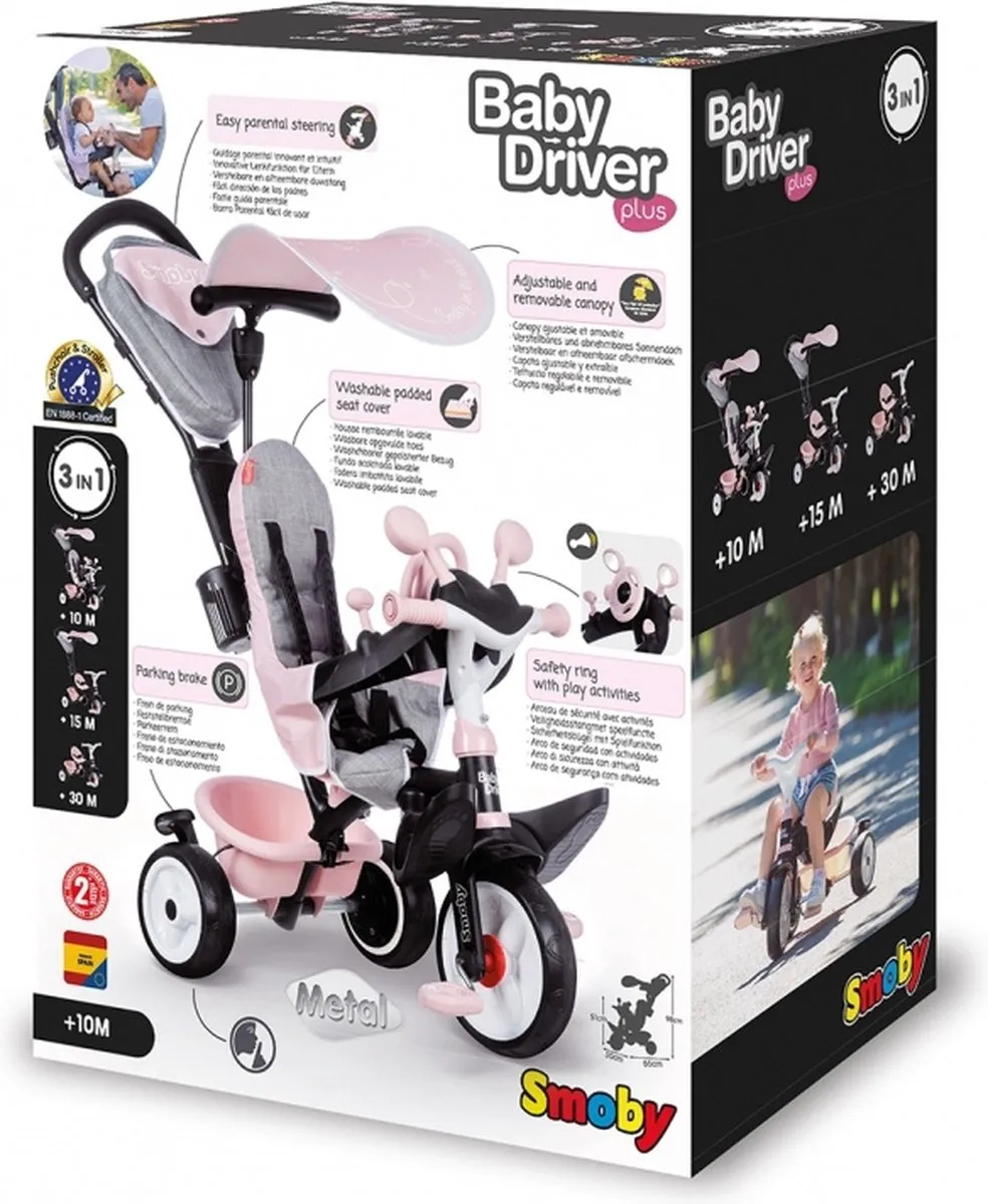 Smoby Baby Driver Plus Driewieler Loopfiets Roze/Grijs - afbeelding 6 van 6