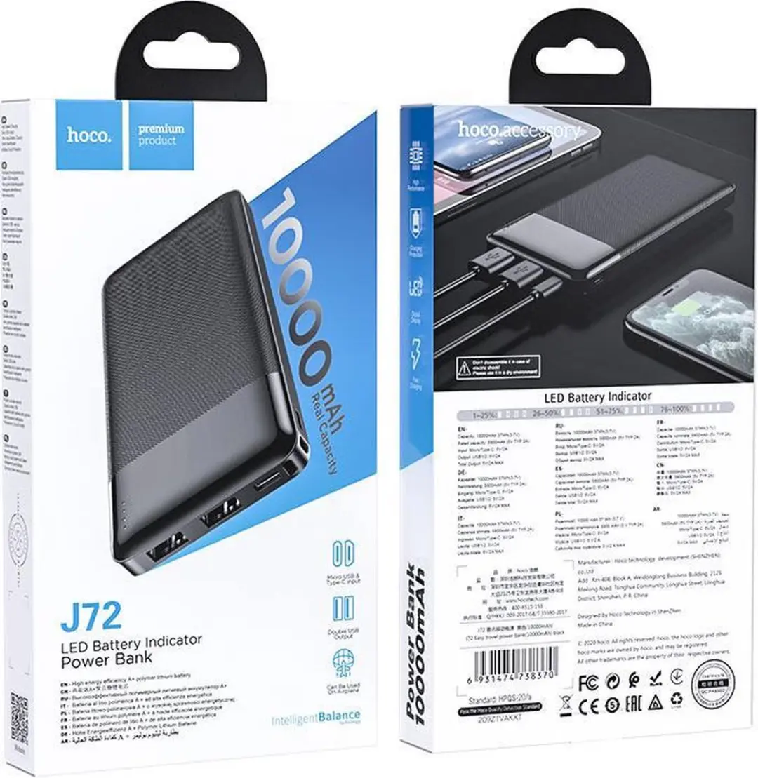 Hoco Powerbank J72B 10.000mAh - 2x USB-A - Zwart - afbeelding 6 van 6