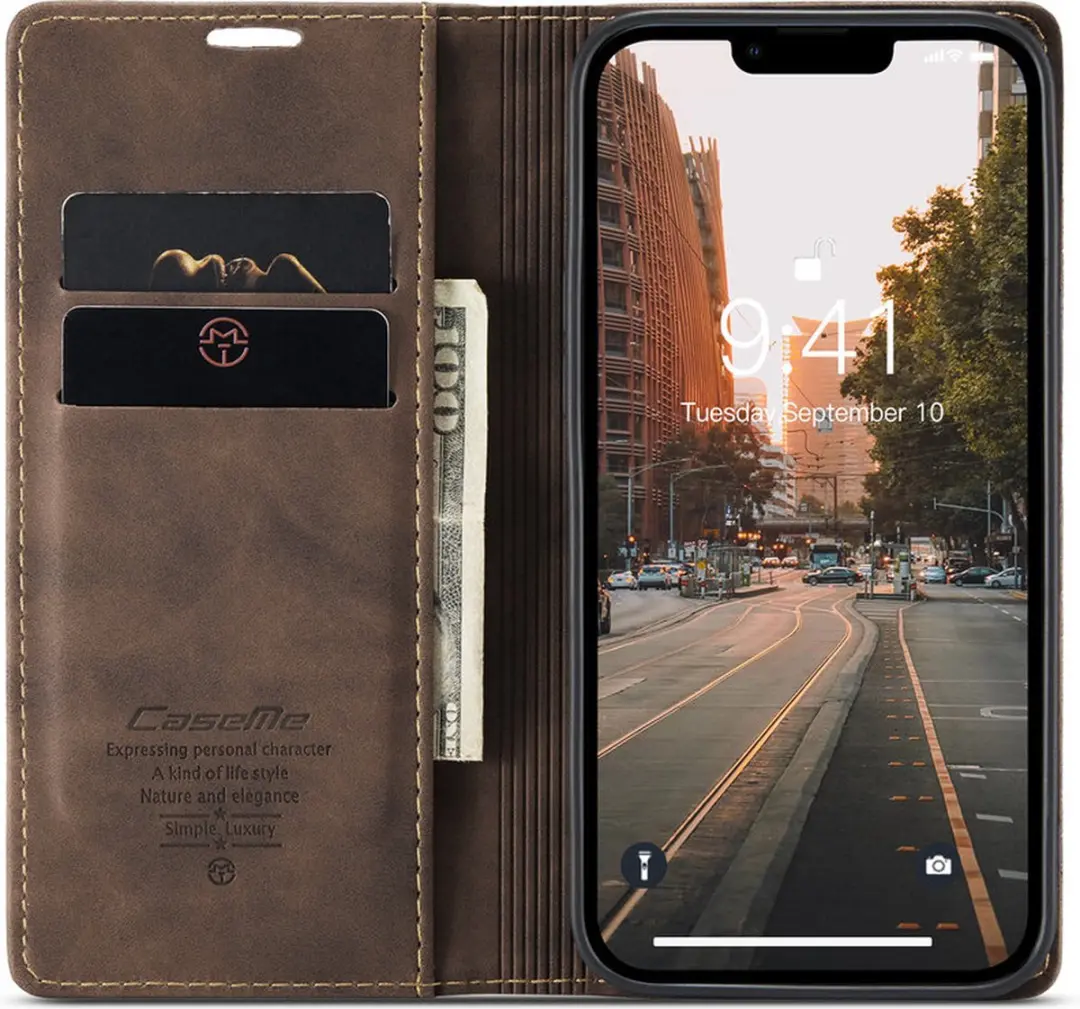 Caseme Bookcase iPhone 14 Hoesje - Bruin - 2 Pasjes