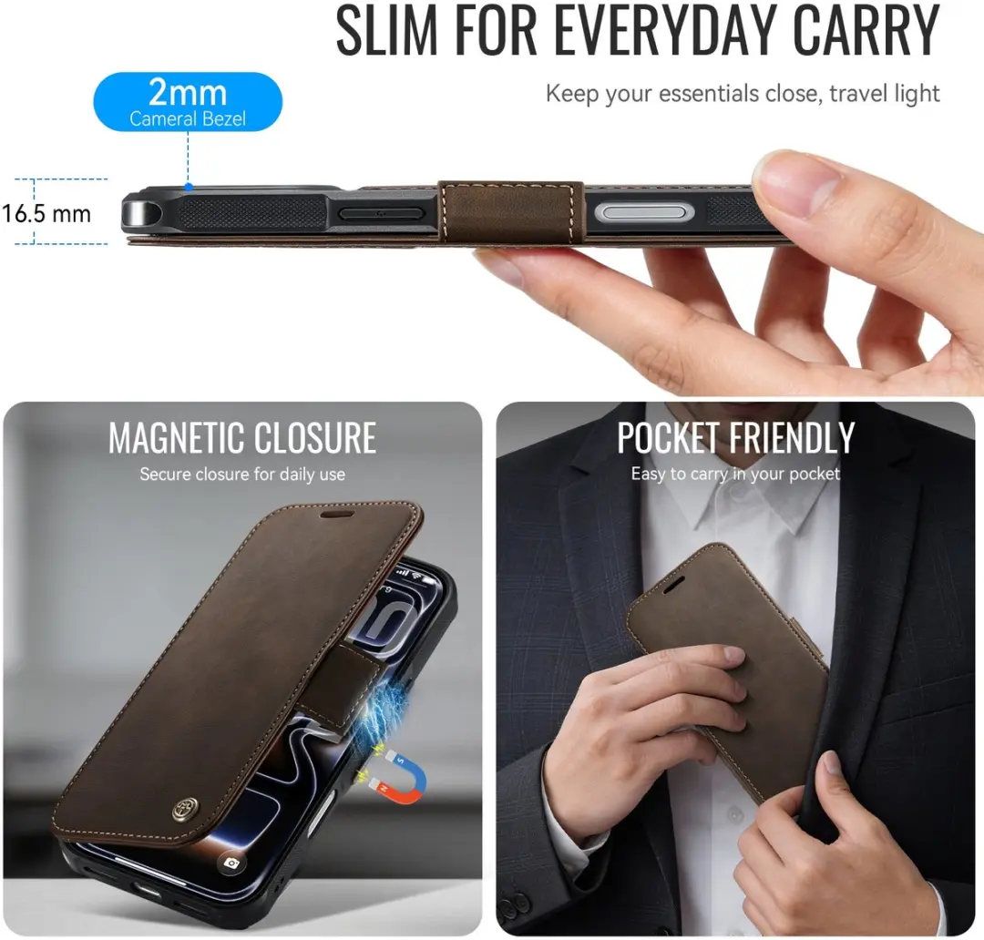 Caseme 053 Slim Book Case iPhone 17 Pro - MagSafe - 3 Pasjes - Bruin