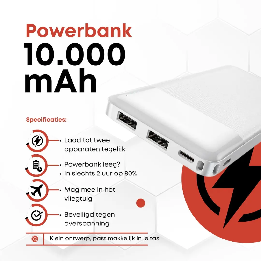 Hoco J72W Powerbank 10.000mAh - 2x USB-A - Wit