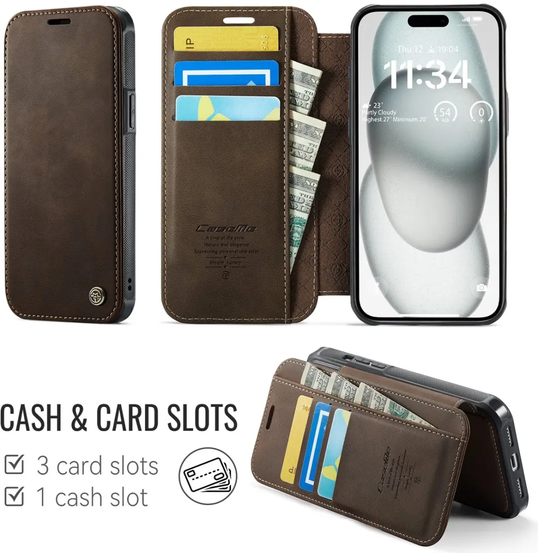 Caseme 053 Slim Book Case iPhone 14 Hoesje - MagSafe - 3 Pasjes - Bruin