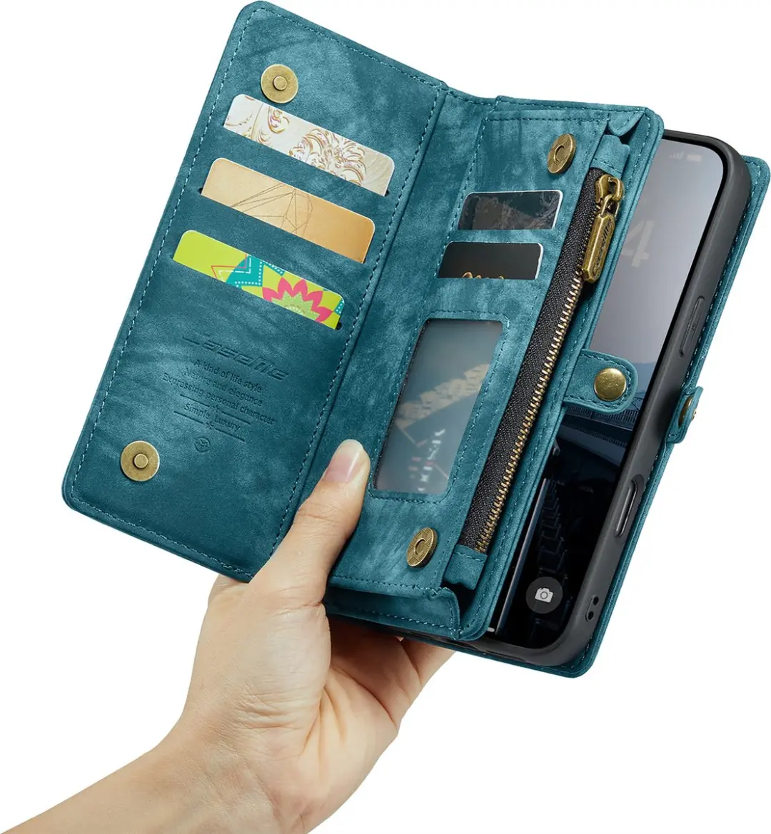 CaseMe iPhone 16 Pro Max Bookcase Hoesje - Effen Blauw - Leer - 10 Vakjes