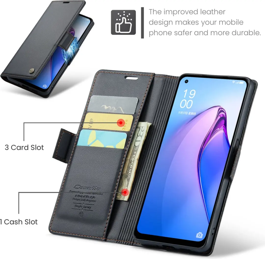Caseme Wallet Case OPPO Reno8 Lite RFID Magneetsluiting - 3 Pasjes - Zwart - afbeelding 6 van 6