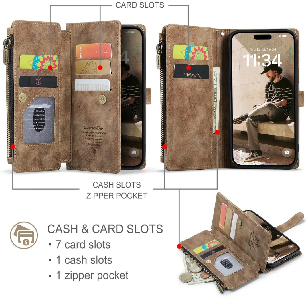 Caseme iPhone 17 PU Hoesje Portemonnee - 10 Pasjes - Bruin