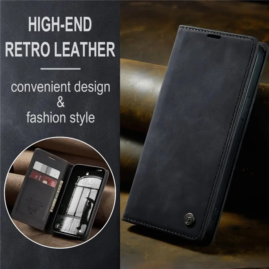 Caseme Retro Texture Book Wallet Hoesje - iPhone 16e - Zwart