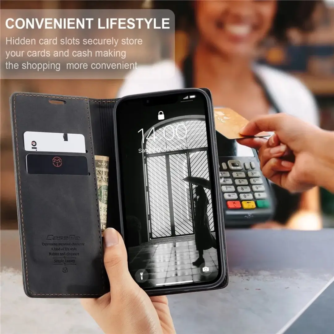Caseme Retro Texture Book Wallet Hoesje - iPhone 16e - Zwart