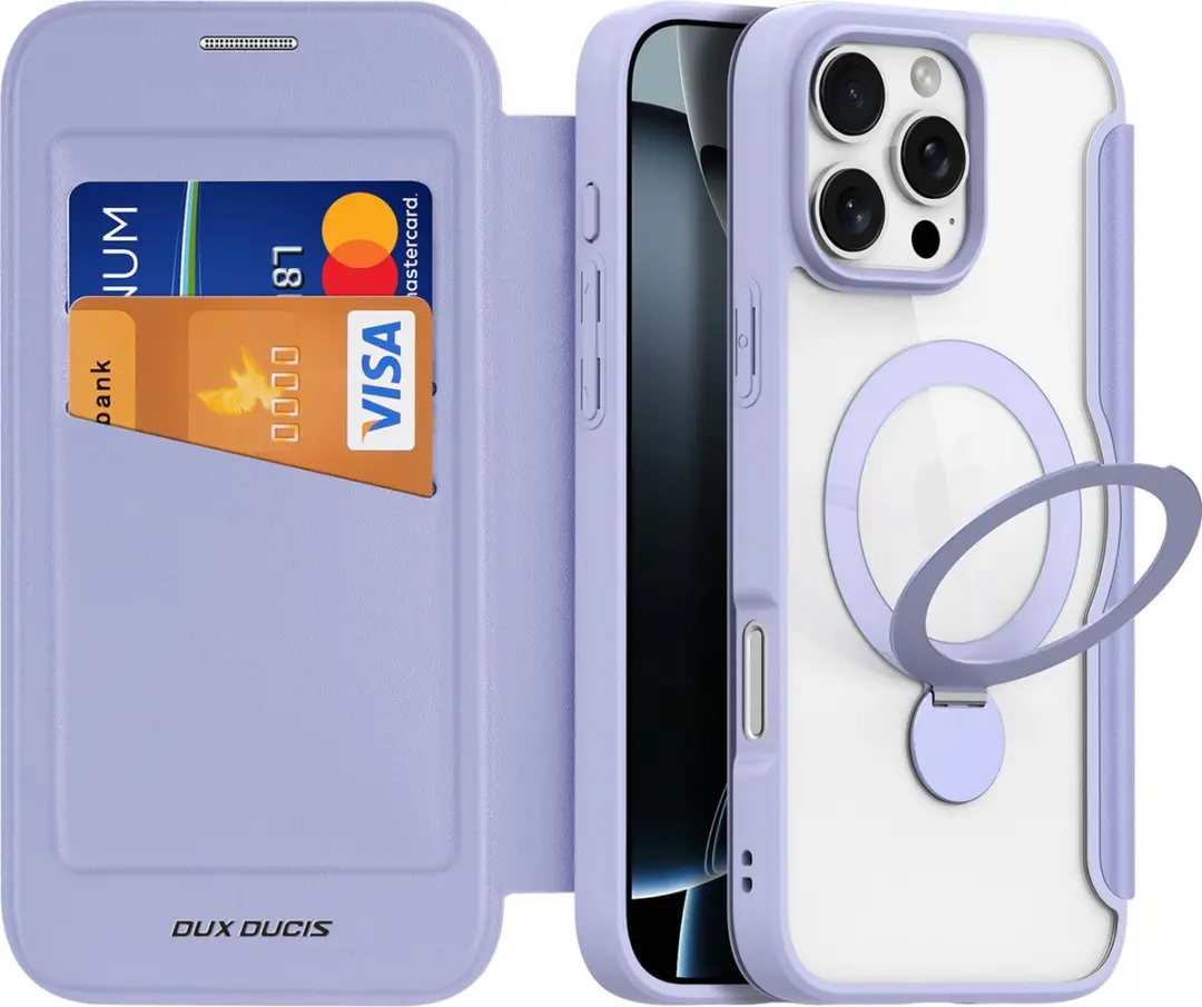 Dux Ducis iPhone 16 Pro Max Hoesje - 360° Ringstandaard - 2 Pasjes - Paars