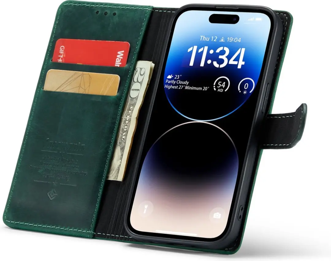Caseme iPhone 14 Pro Hoesje - Effen Groen Leer - 3 Pasjes