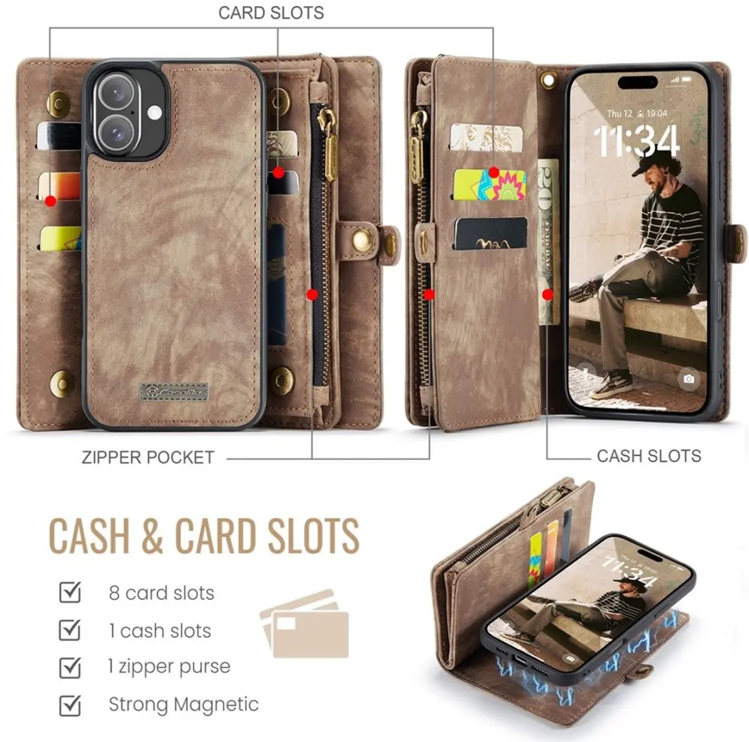 Caseme 008 iPhone 16 Hoesje - Book Case & Portemonnee 8 Stuks - Bruin