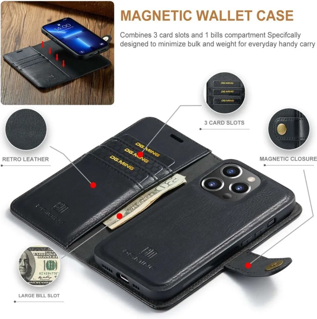 DG.MING iPhone 15 Pro Max Hoesje 2-in-1 Book Case - Zwart