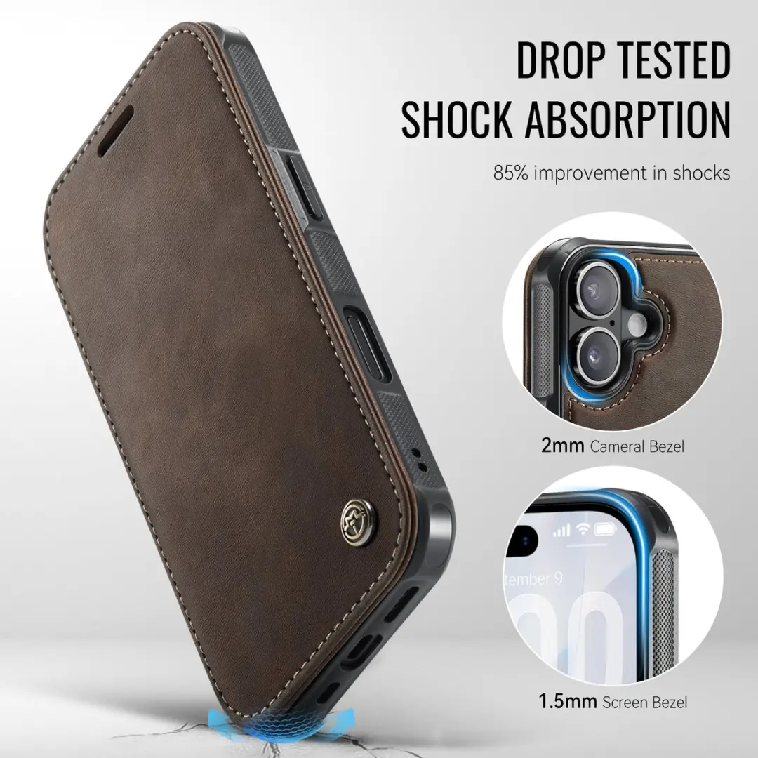 CaseMe Hoesje iPhone 17 053 Slim Book Case - MagSafe - Bruin - 3 Pasjes