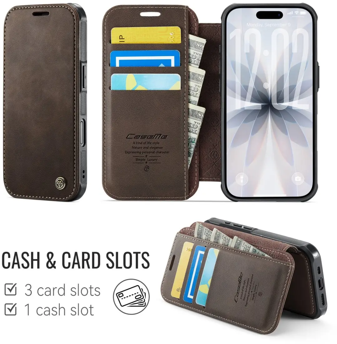 CaseMe Hoesje iPhone 17 053 Slim Book Case - MagSafe - Bruin - 3 Pasjes