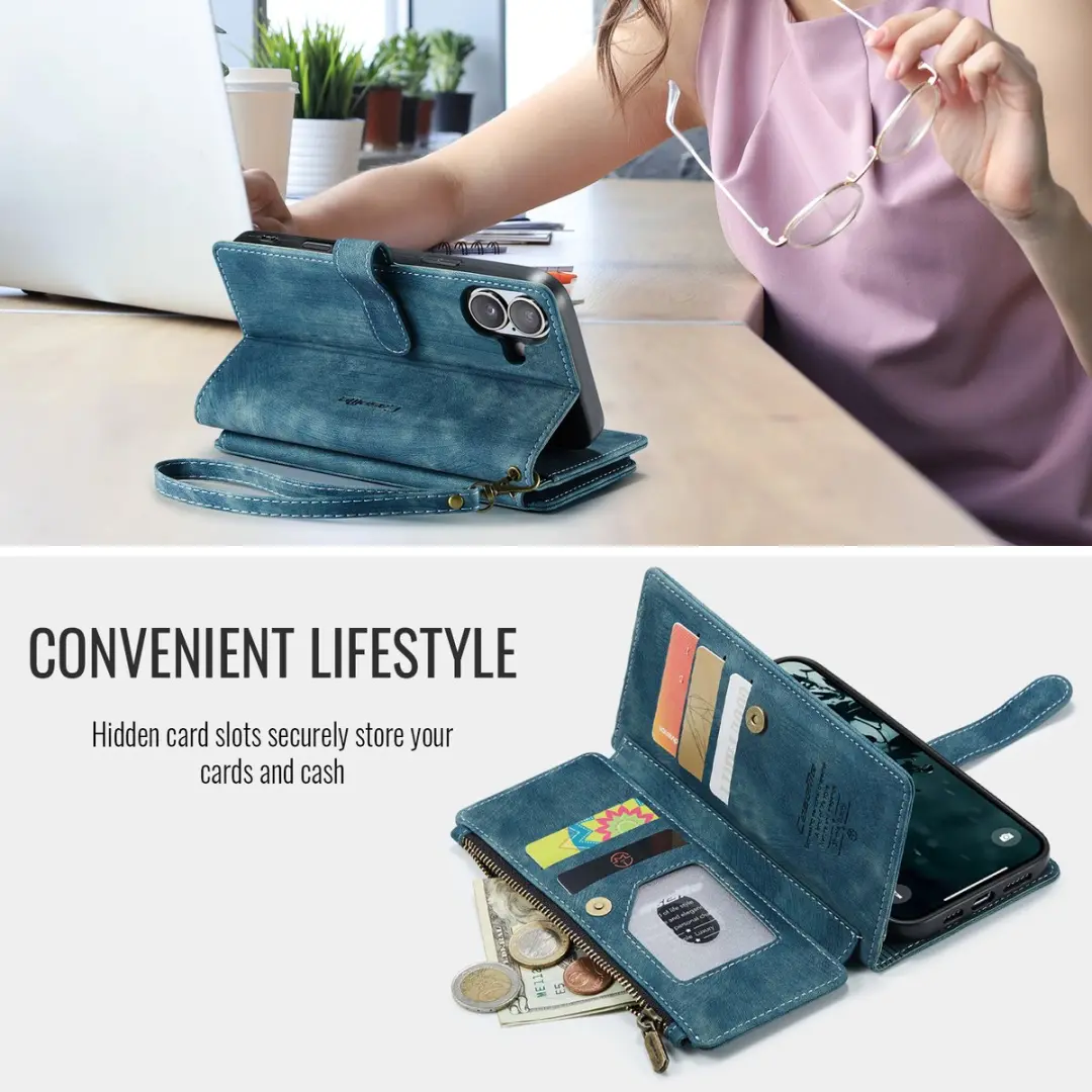 Caseme iPhone 17 PU Hoesje Portemonnee Blauw - 10 Pasjes