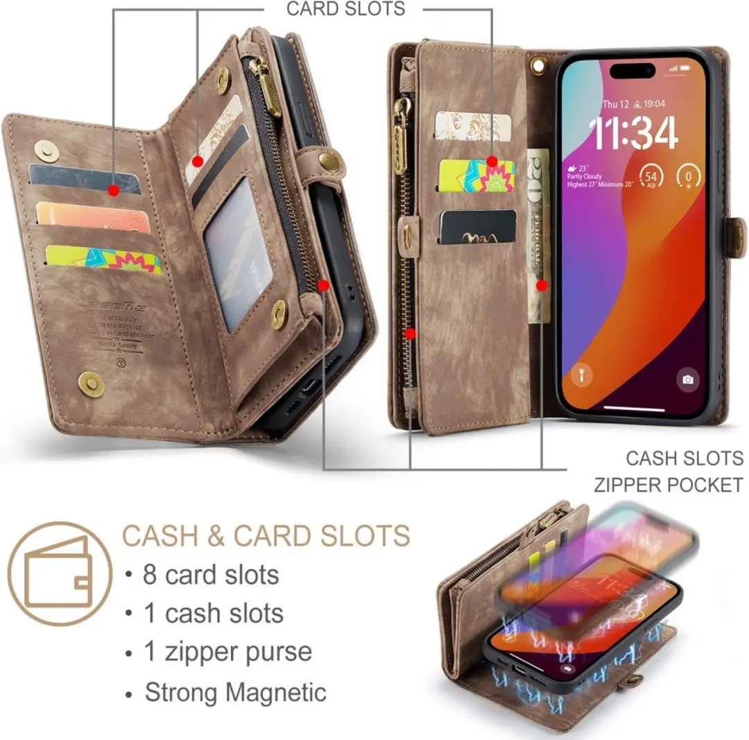 Caseme iPhone 16 Pro Hoesje Vintage 2-in-1 Portemonnee - Bruin - 8 Pasjes - afbeelding 6 van 6