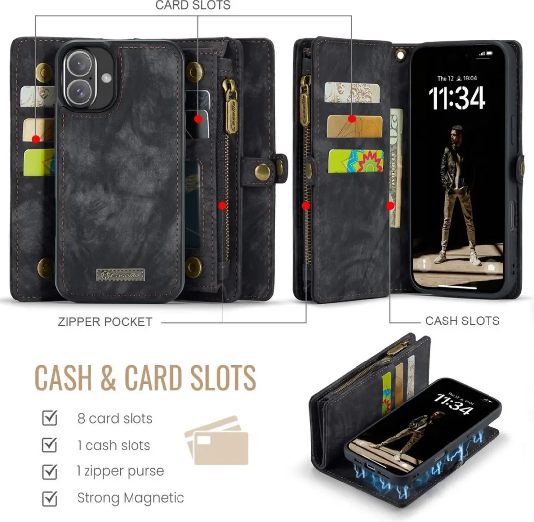 Caseme iPhone 16 Plus Hoesje Vintage 2-in-1 Portemonnee - 8 Pasjes - Zwart