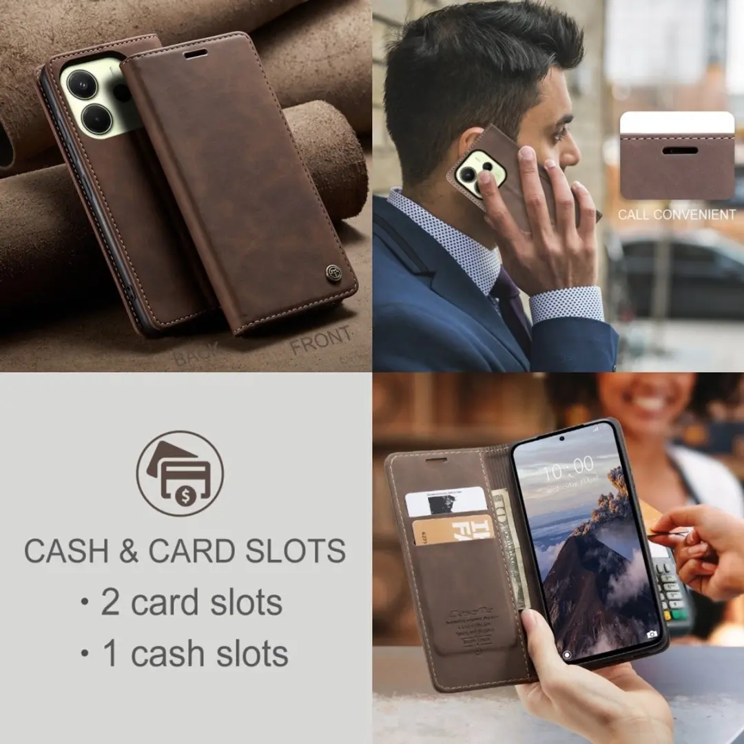 Caseme 013 Book Case Hoesje - Xiaomi Redmi Note 14 4G - Donkerbruin