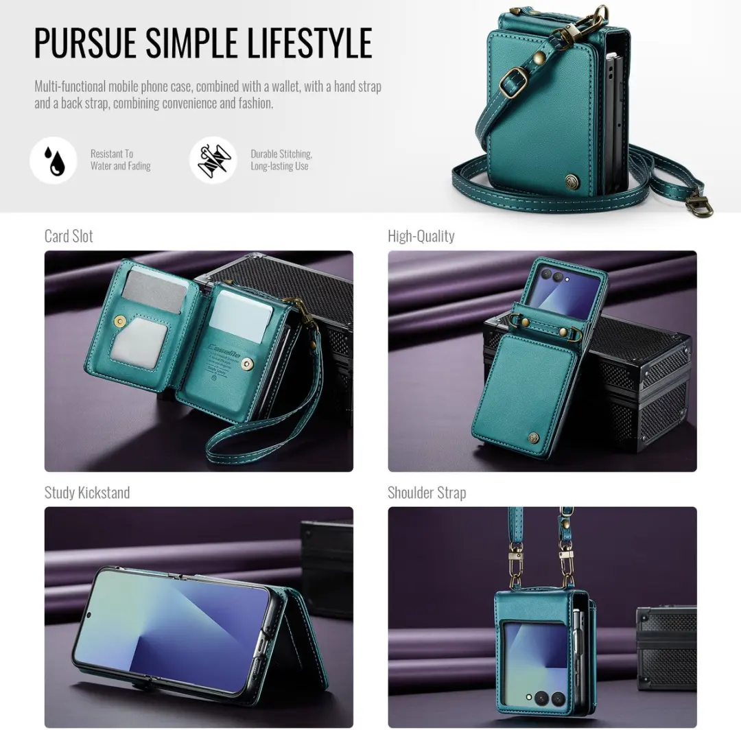 CaseMe Leren Backcover Samsung Galaxy Z Flip 7 - Turquoise - 5 Pasjes