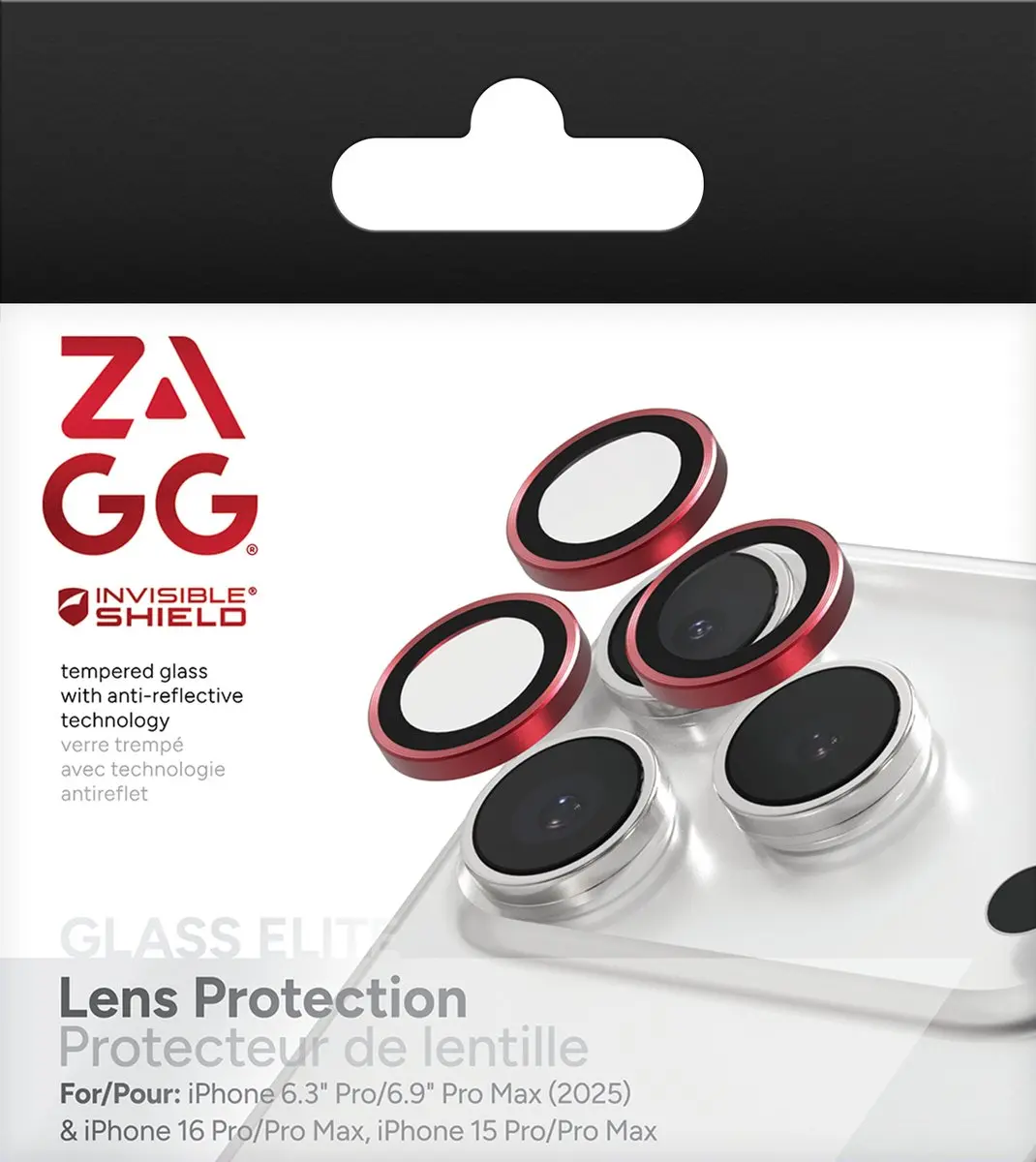 ZAGG Glass Elite Camera Rings iPhone 15/16 Pro - Rood