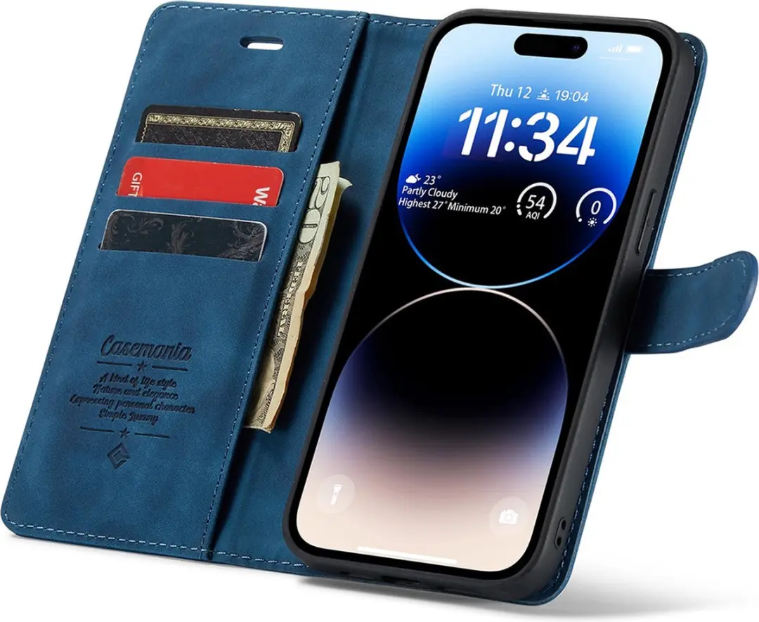 Caseme iPhone 15 Bookcase Hoesje - Donkerblauw Kunstleer - 4 Pasjes
