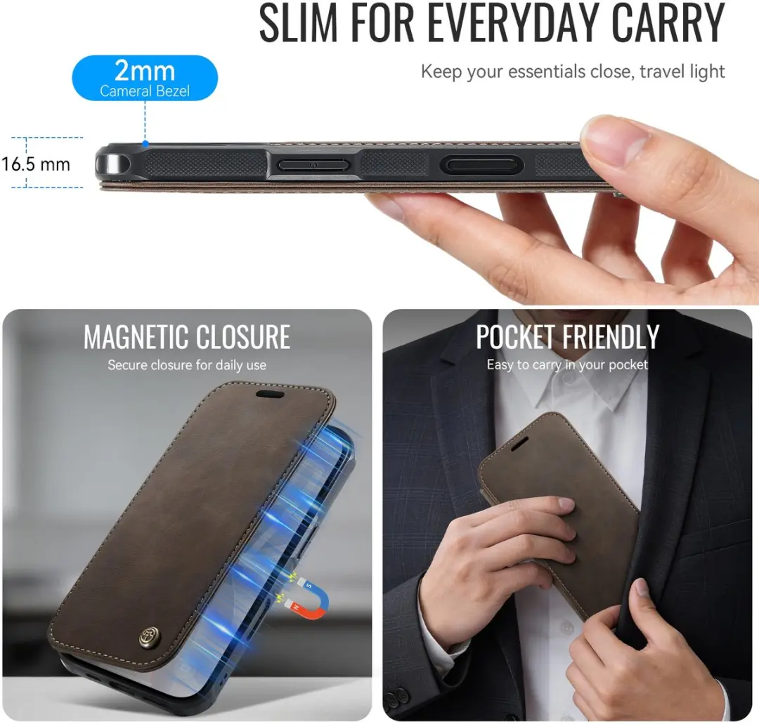 Caseme 053 Slim Book Case iPhone 16 Hoesje - MagSafe - 3 Pasjes - Bruin