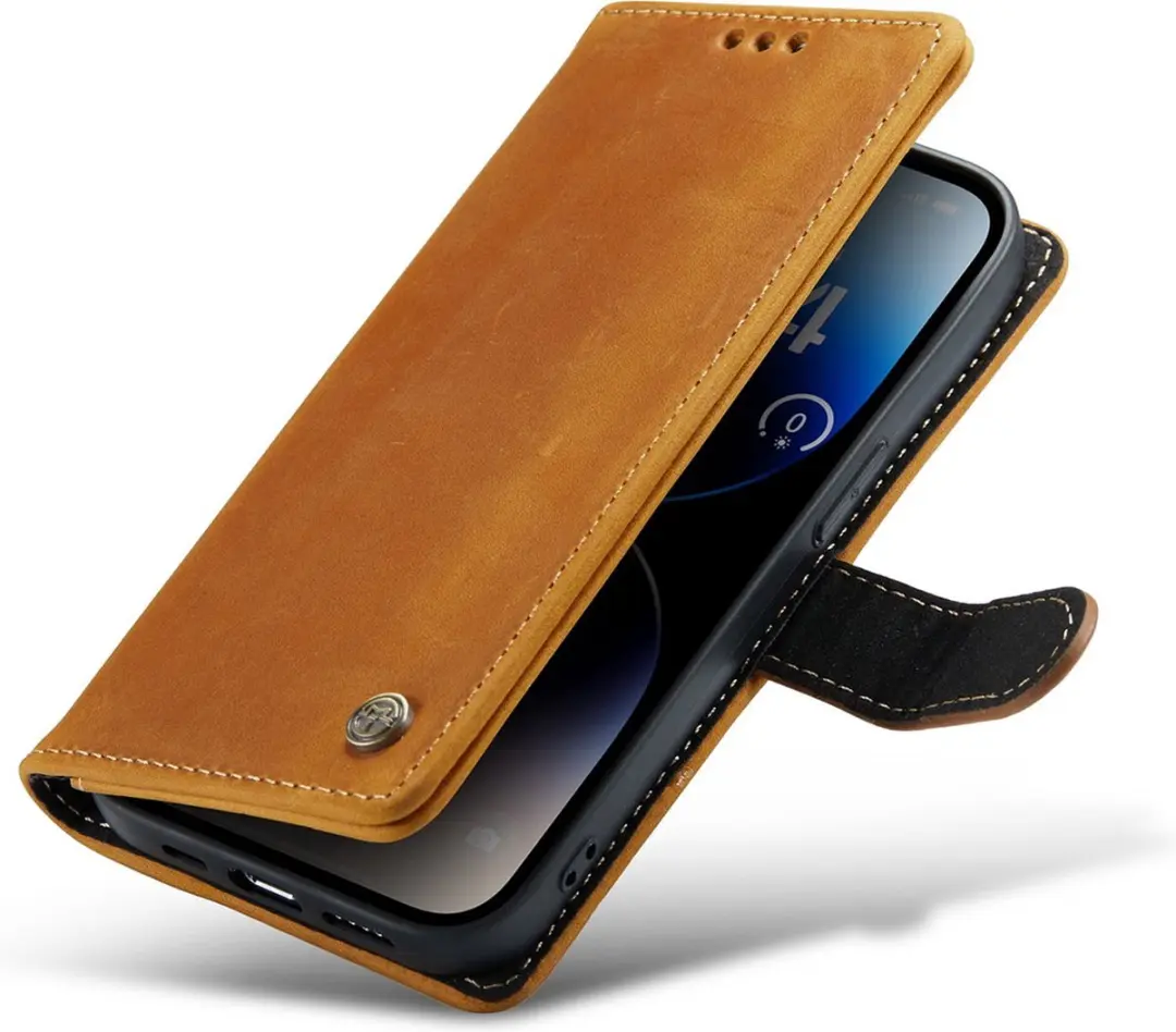 Caseme iPhone 14 Pro Max Bookcase Hoesje - Effen Cognac Leer