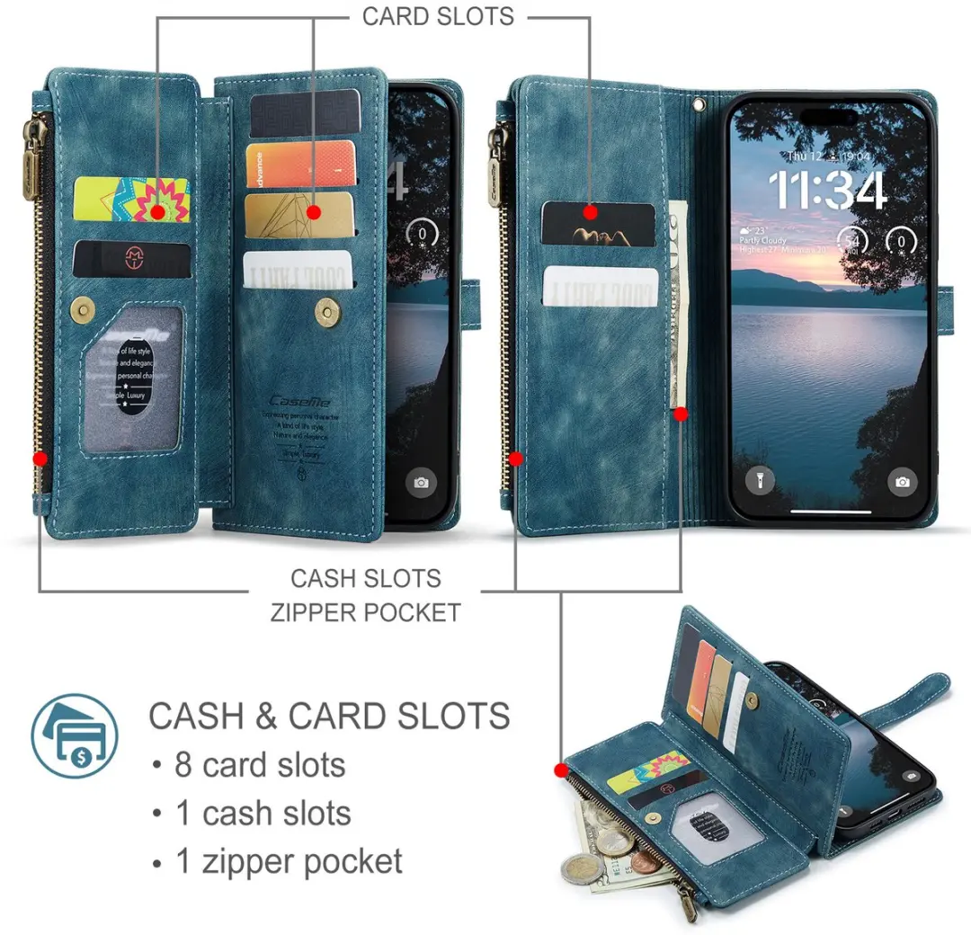Caseme iPhone 17 Pro PU Hoesje Blauw - 10 Pasjes