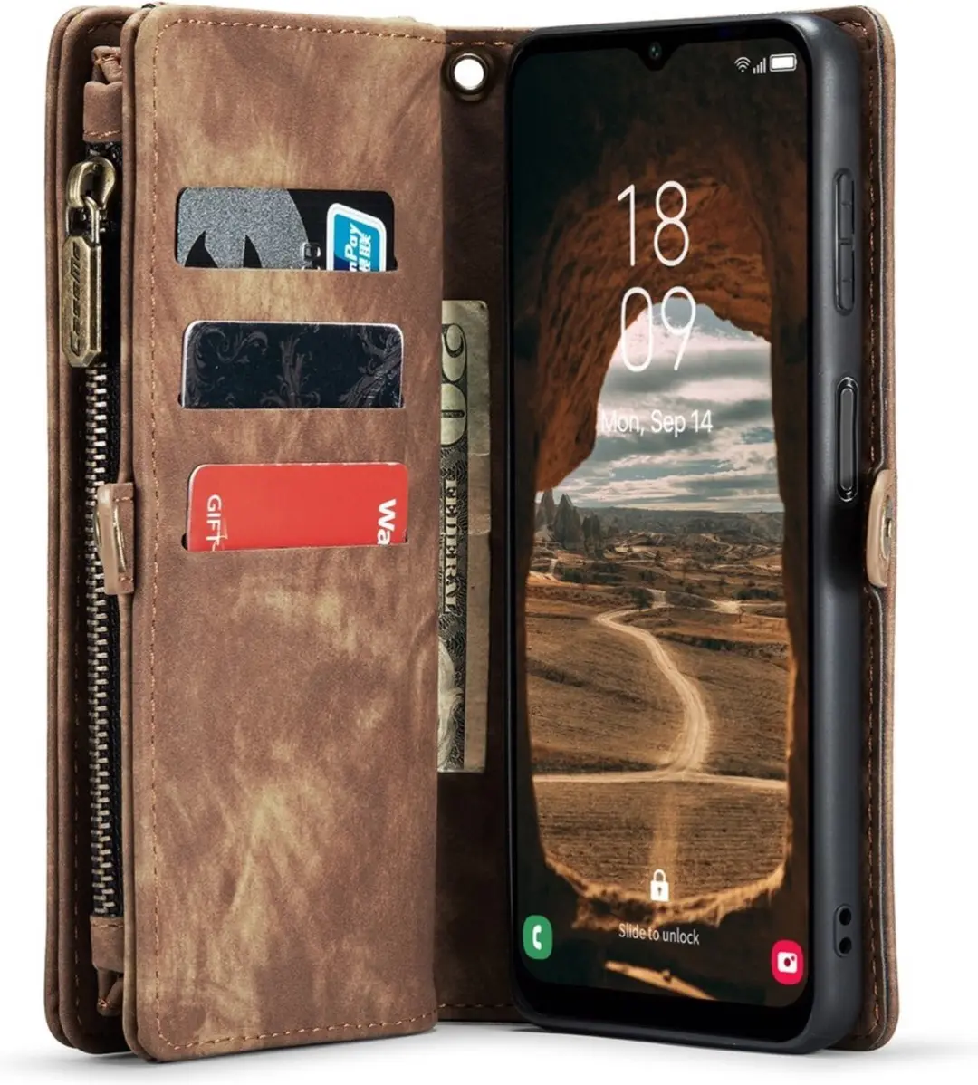 Caseme 008 Hoesje Samsung Galaxy A14 - 2-in-1 Book Case & Portemonnee - 8 Pasjes - Bruin
