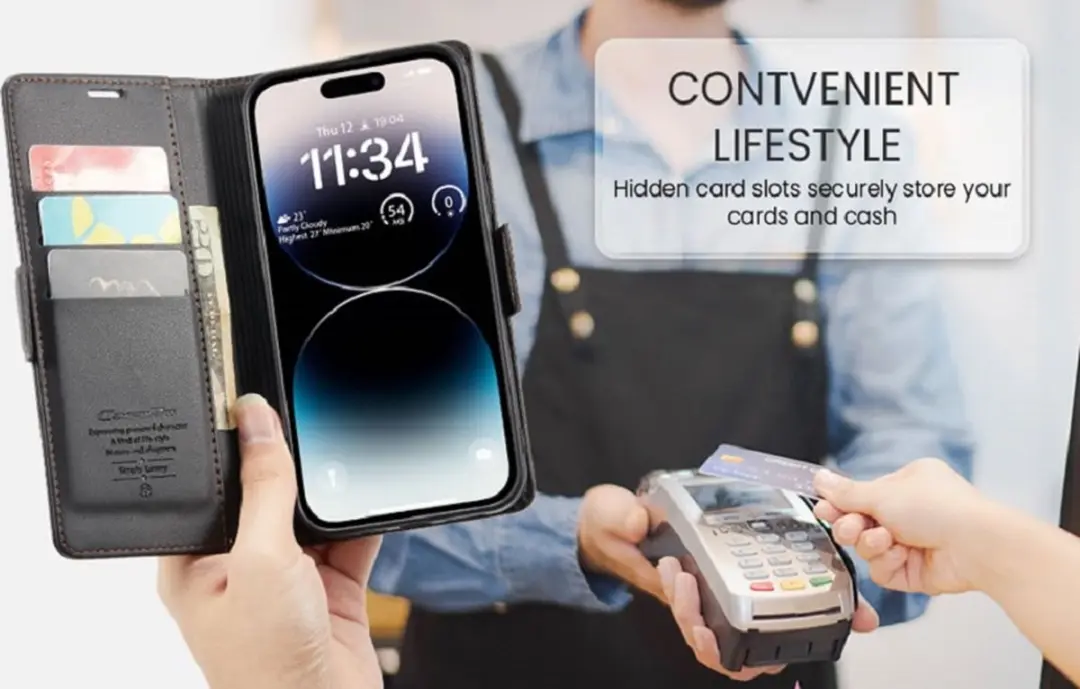 CaseMe Wallet Case iPhone 14 Pro - RFID & Magneetsluiting - 3 Pasjes - Zwart