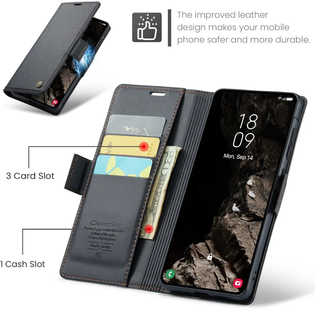 Caseme Wallet Case Samsung Galaxy A37 - RFID & Magneetsluiting - 3 Pasjes - Zwart