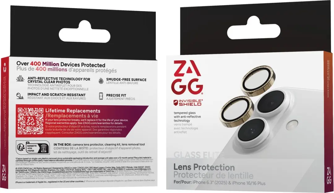 ZAGG Glass Elite Camera Rings iPhone 16/16 Plus/17 - Goud Glitter