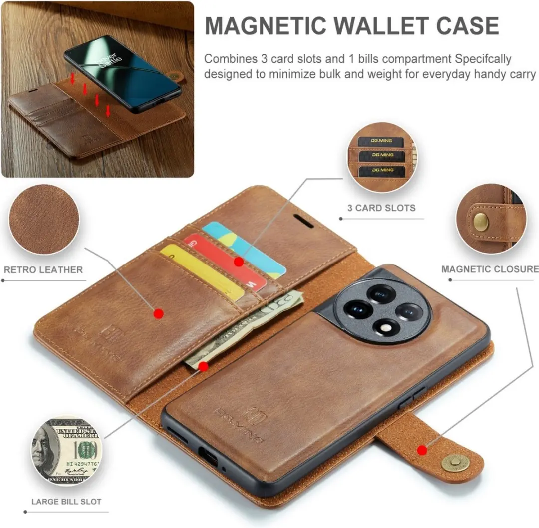 DG.MING Hoesje OnePlus 11 2-in-1 Book Case - Bruin