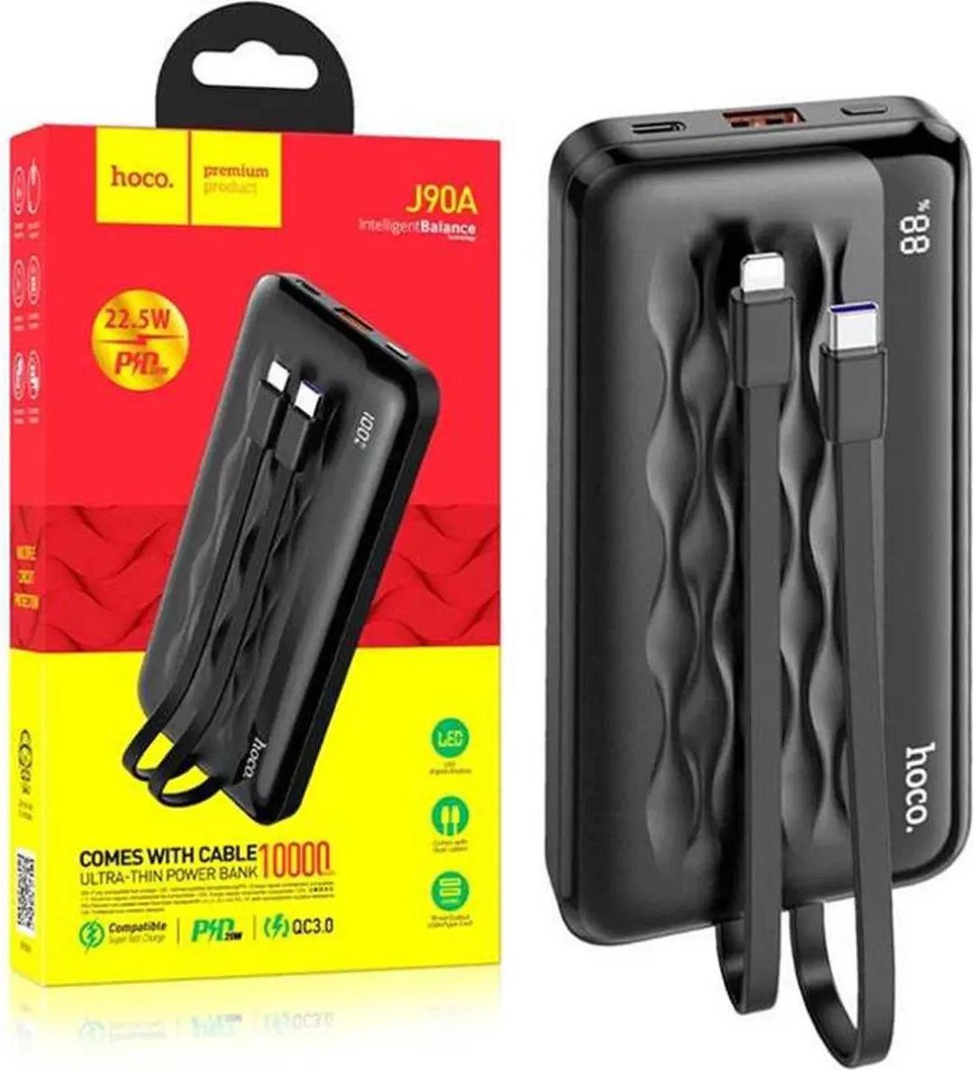 Hoco J90A Powerbank 10.000mAh 22,5W - 3x USB - Zwart