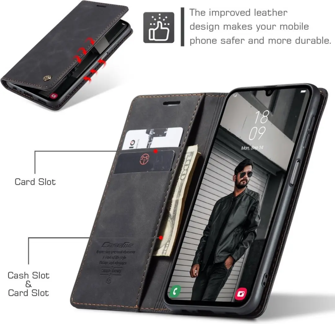Caseme 013 Book Case Hoesje Samsung Galaxy A15 - 2 Pasjes - Zwart