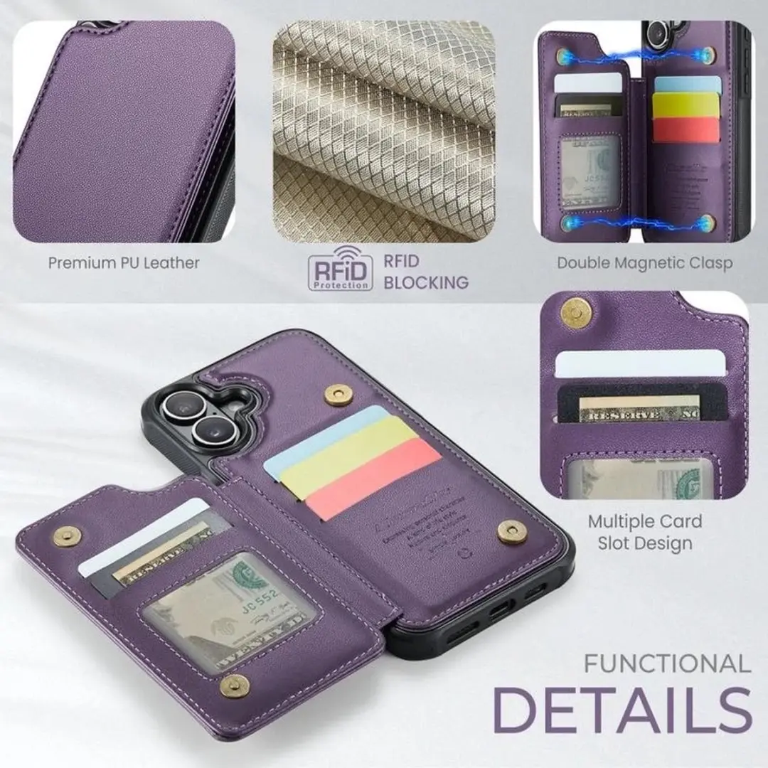 Caseme Portemonnee Backcover iPhone 16 - Anti-RFID - 4 Pasjes - Paars - afbeelding 6 van 6