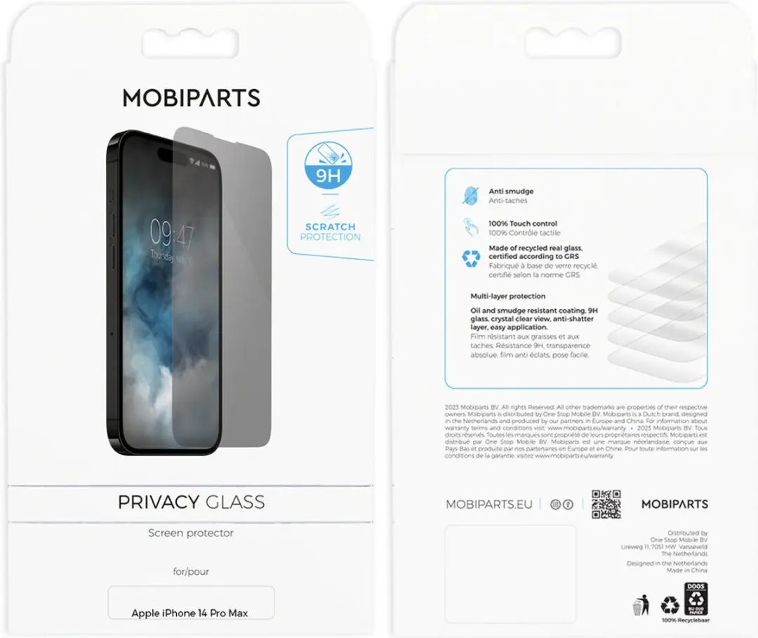 Mobiparts Privacy Screenprotector iPhone 14 Pro Max - Gehard Glas - Anti-bacterieel