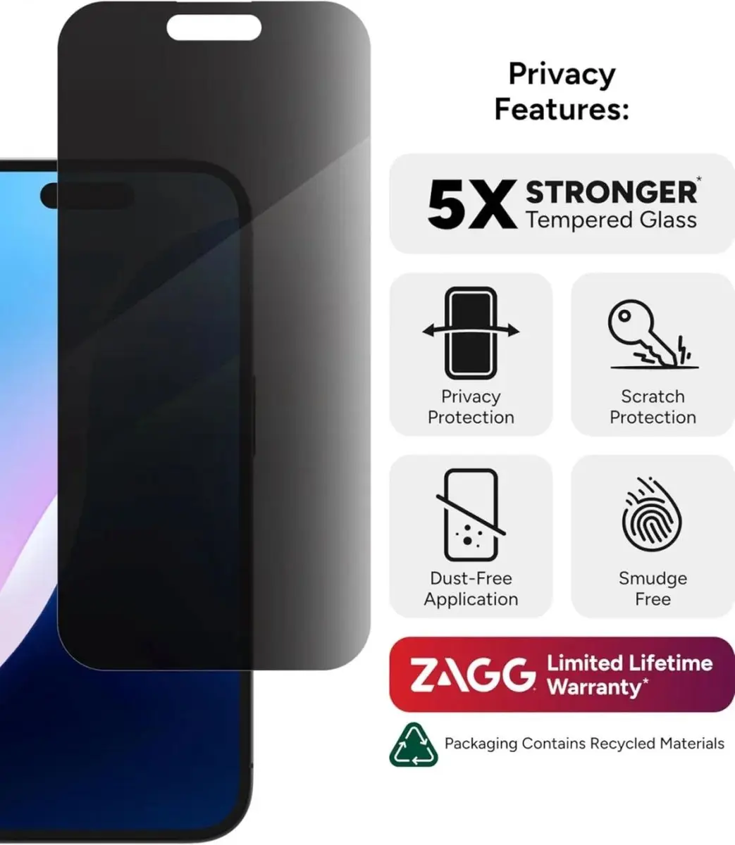 ZAGG InvisibleShield Glass Elite iPhone 15/16 Privacy - Antibacterieel