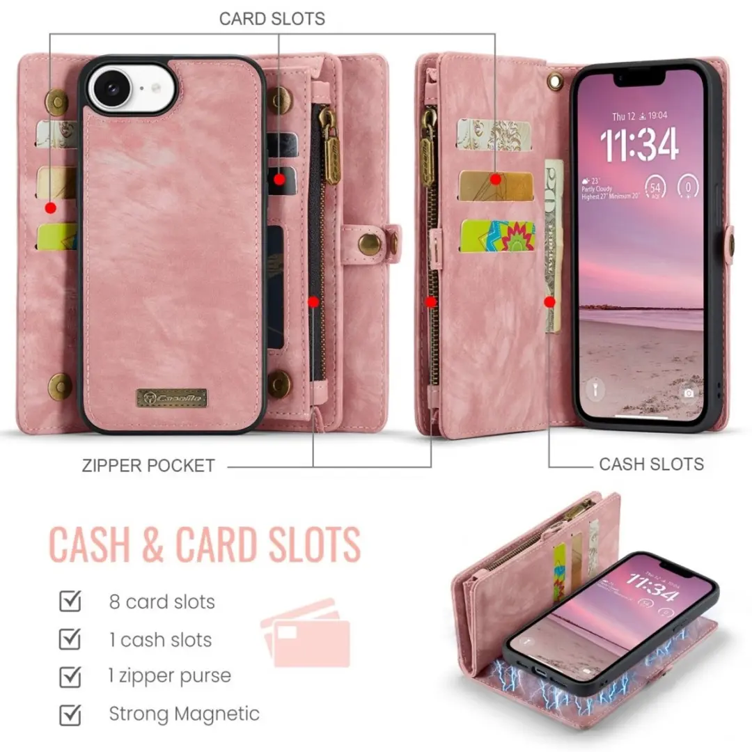 Caseme iPhone 16e Vintage Portemonneehoesje - Roze - 8 Pasjes