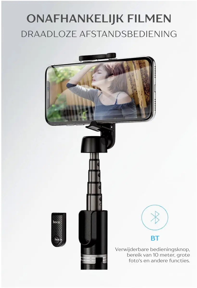 Hoco K11 Draadloze Selfiestick 3-in-1 - Smartphone tot 6" - Zwart