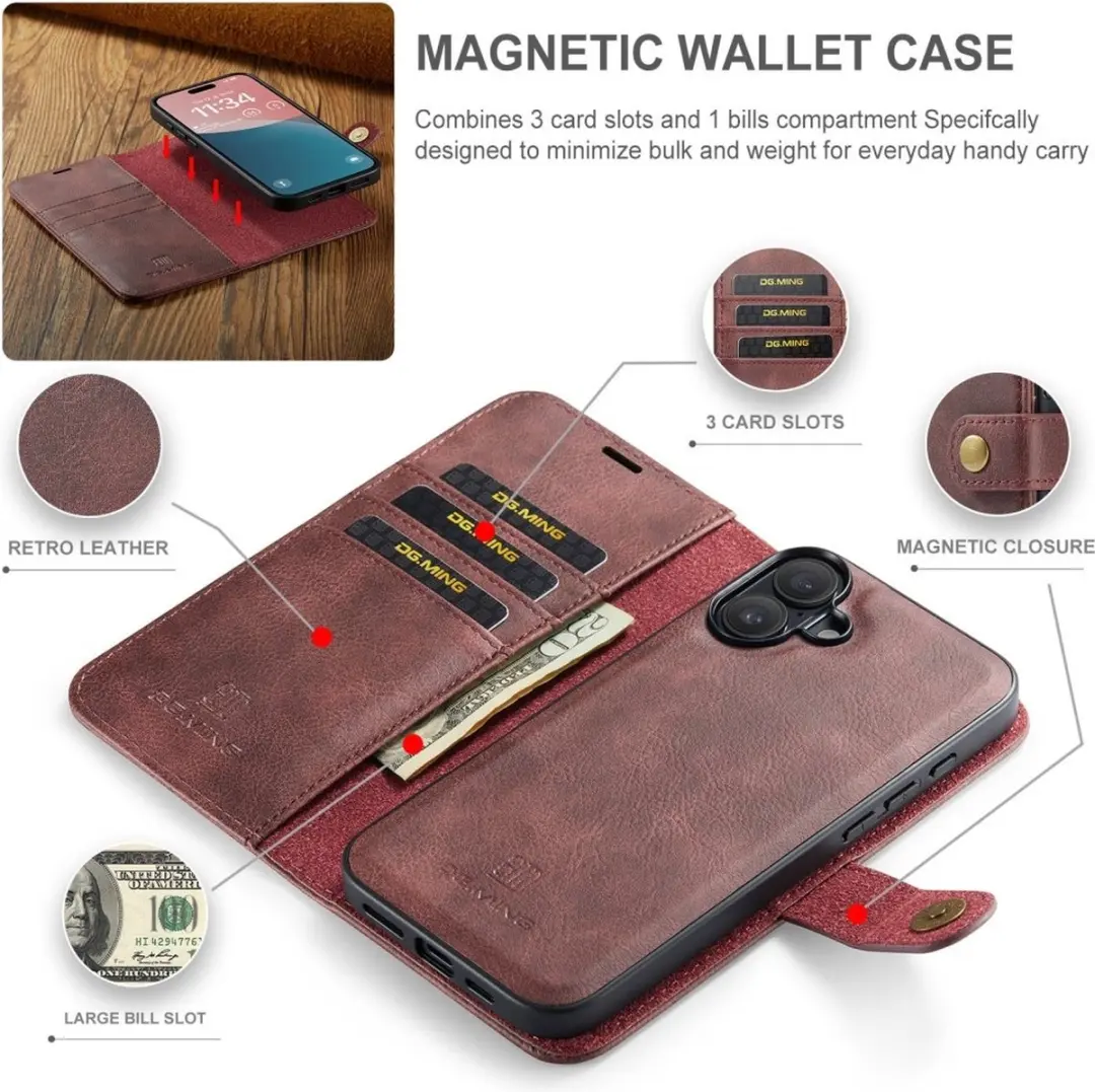DG.MING iPhone 16 Hoesje 2-in-1 Book Case Bordeaux