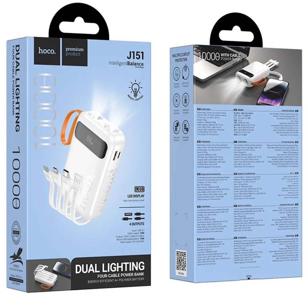 Hoco Powerbank J151 10.000mAh - Wit - USB-C/Micro/Lightning - afbeelding 6 van 6