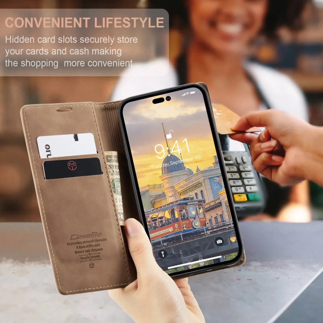 Caseme iPhone 14 Pro Max Retro Bookcase Hoesje - Bruin - 2 Pasjes
