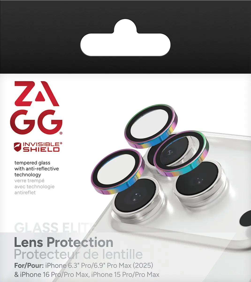 ZAGG Glass Elite Camera Rings iPhone 16/15 Pro (Max) - Tempered Glass - Chrome