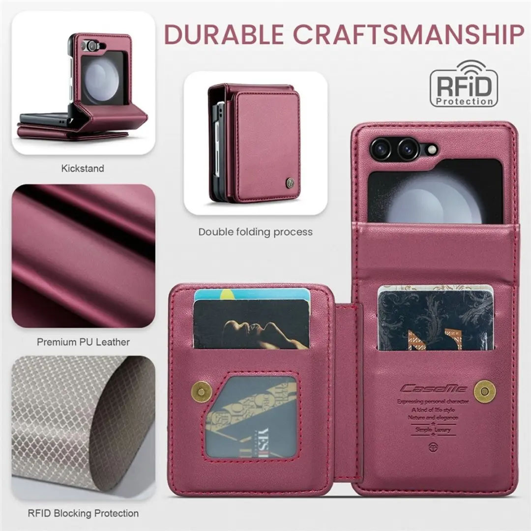 Caseme Leren Backcover Samsung Galaxy Z Flip 7 FE - Rood - 5 Kaarthouder