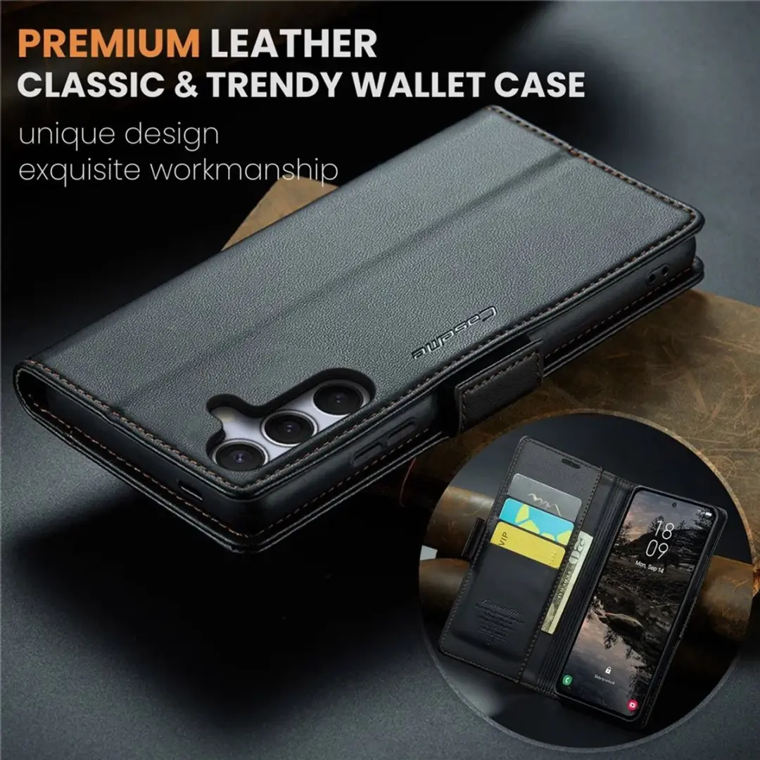 Caseme Litchi Texture Book Wallet Hoesje Samsung Galaxy S25 Plus - 3 Pasjes - Zwart