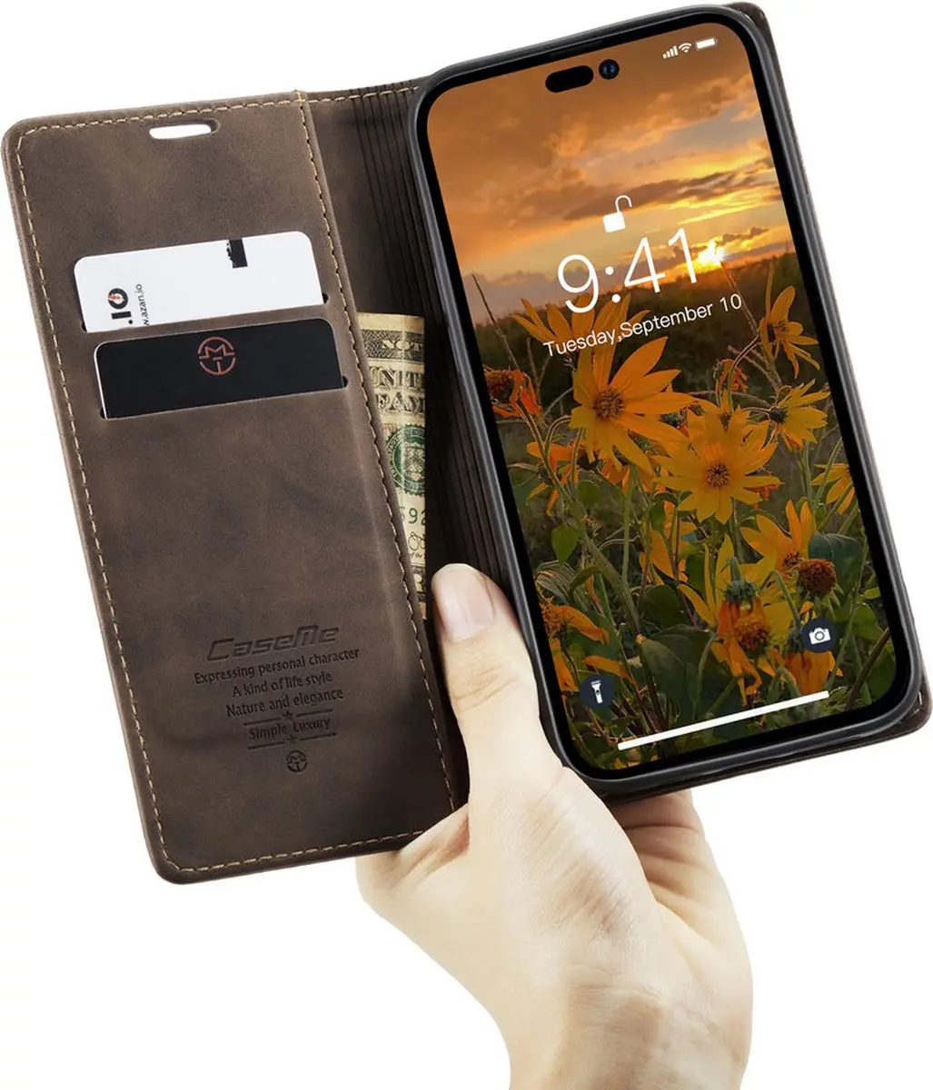 Caseme Bookcase Hoesje iPhone 14 Pro - 2 Pasjes - Bruin