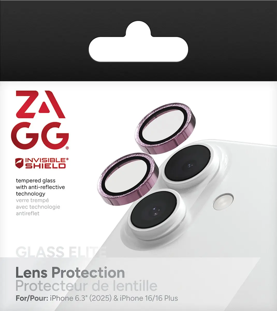 ZAGG Glass Elite Camera Rings iPhone 16/16 Plus/17 - Roze Glitter